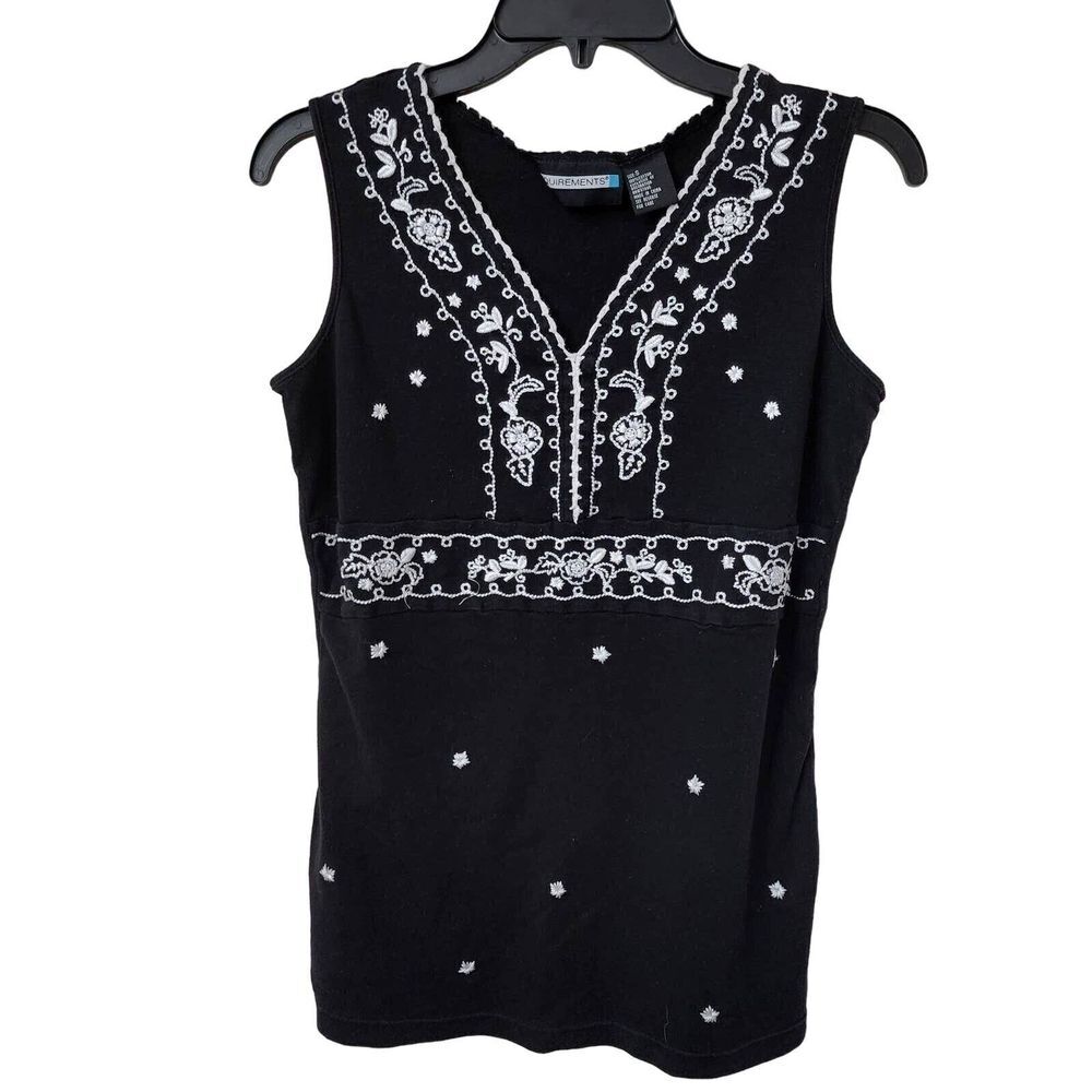Requirements Blouse Womens Size Small V Neck Sleeveless Black Embroidered Tunic